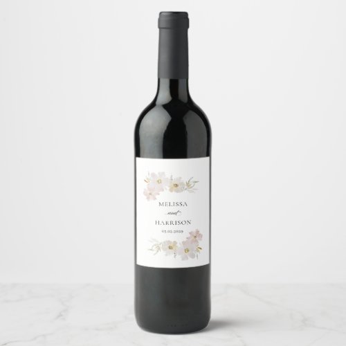 Cream and Blush Watercolor Flowers  Wine Label