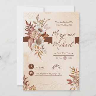 Cream and Brown Floral Watercolor Save the Date Invitation