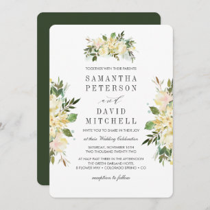 Cream and Forest Green Botanical Floral Wedding Invitation