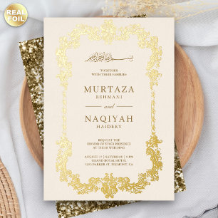 Cream and Gold Antique Gilded Frame Muslim Wedding Foil Invitation