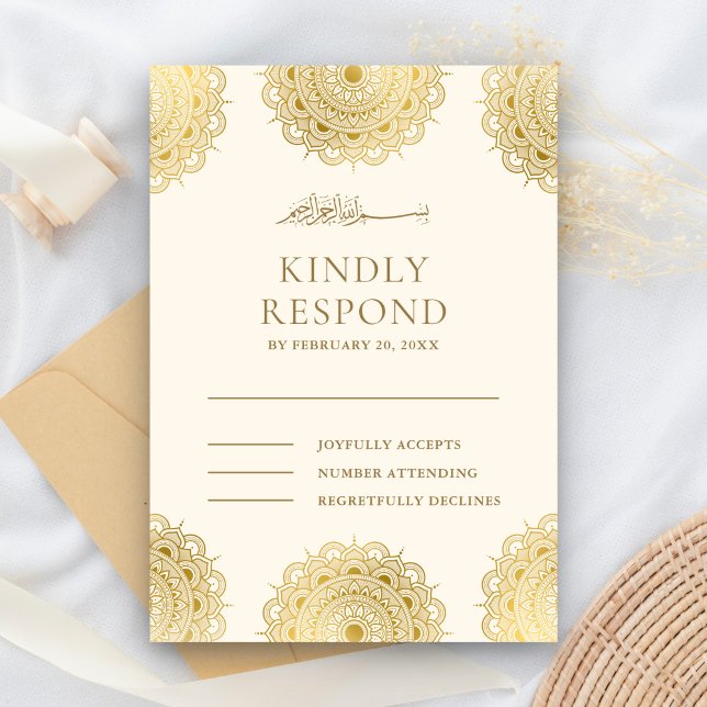 Cream and Gold Asian Motif Muslim Wedding RSVP Card (Creator Uploaded)