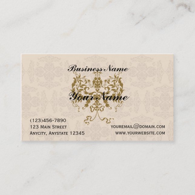 Cream and Gold Damask Business Card (Front)