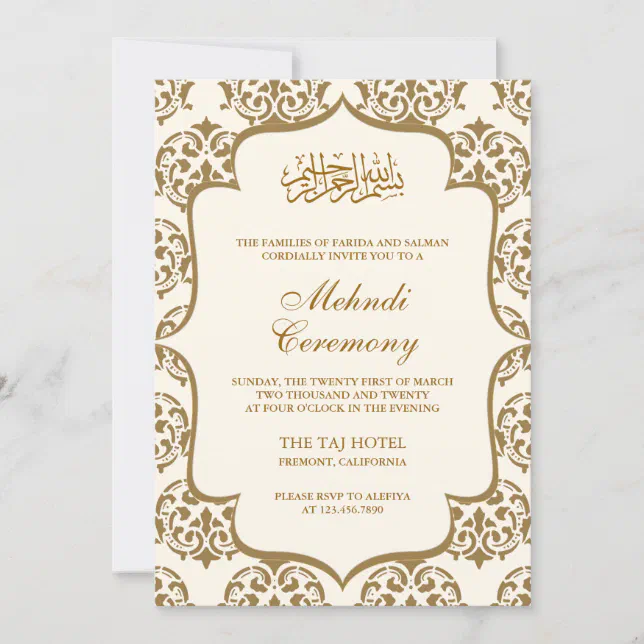 Cream and Gold Damask Islamic Mehndi Ceremony Invitation | Zazzle