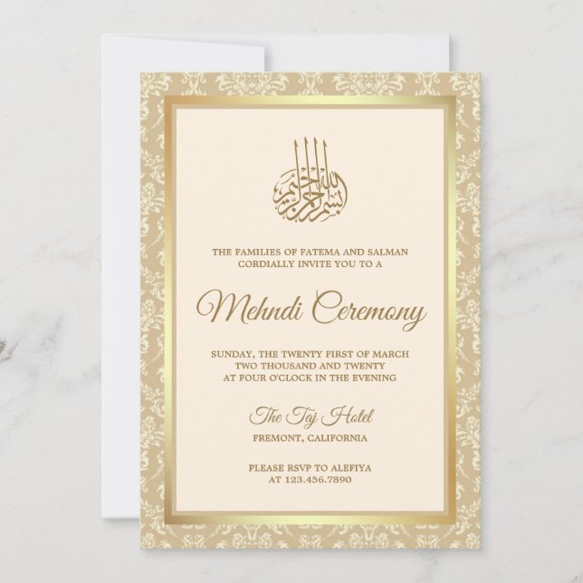 Cream and Gold Damask Islamic Mehndi Ceremony Invitation (Front)