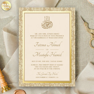 Cream and Gold Damask Islamic Muslim Wedding Foil Invitation
