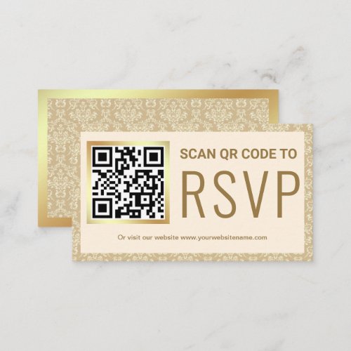 Cream and Gold Damask QR Code RSVP Wedding Website Enclosure Card