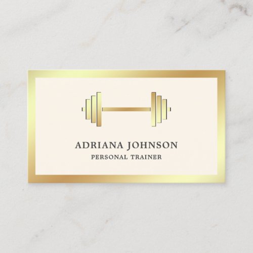 Cream and Gold Dumbbell Fitness Personal Trainer Business Card