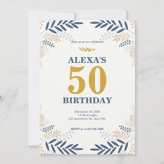Cream and Gold Floral 50th Birthday Party  Invitation (Front)