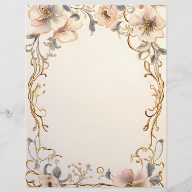 Cream and Gold Floral Celebration Stationery Paper (Front)
