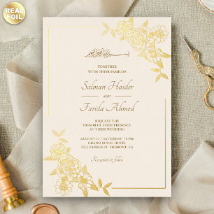 Cream and Gold Floral Leaves Branch Muslim Wedding Foil Invitation