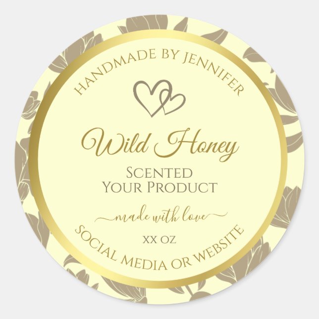Cream and Gold Floral Product Labels with Hearts (Front)