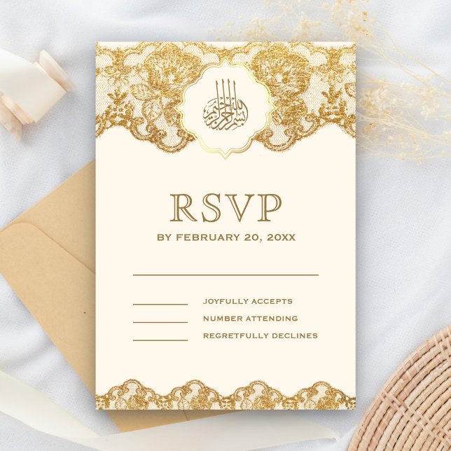 Cream and Gold Foil Lace Islamic Muslim Wedding RSVP Card (Creator Uploaded)