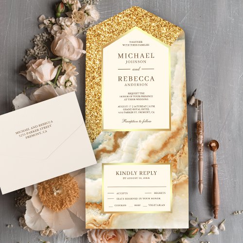 Cream and Gold Glitter Ivory Marble Wedding All In One Invitation