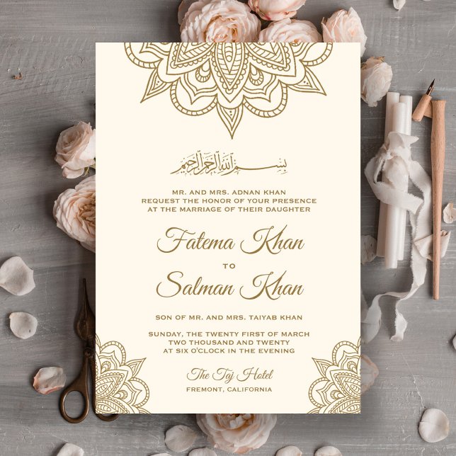 Cream and Gold Henna Mehndi Islamic Muslim Wedding Invitation (Creator Uploaded)