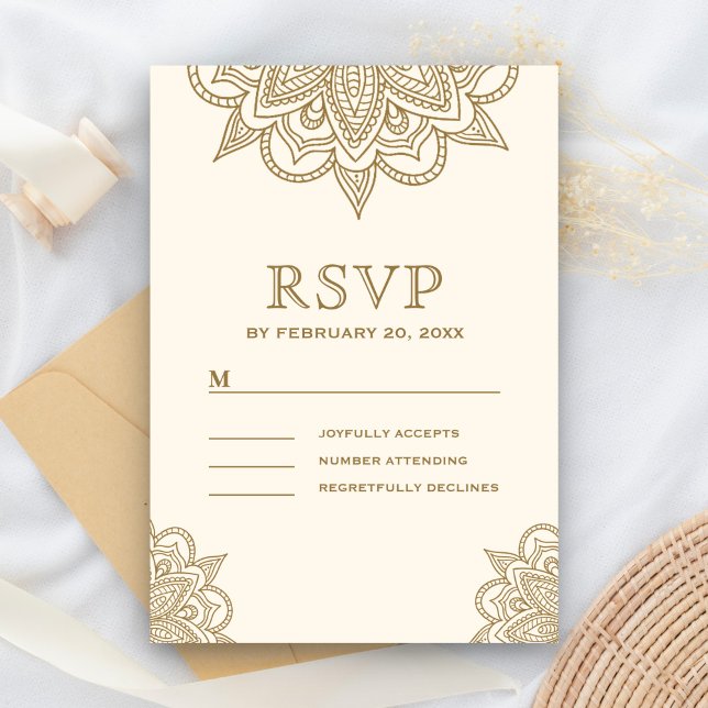 Cream and Gold Henna Mehndi Wedding RSVP Card (Creator Uploaded)