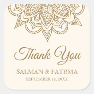 Cream and Gold Henna Mehndi Wedding Thank You Square Sticker