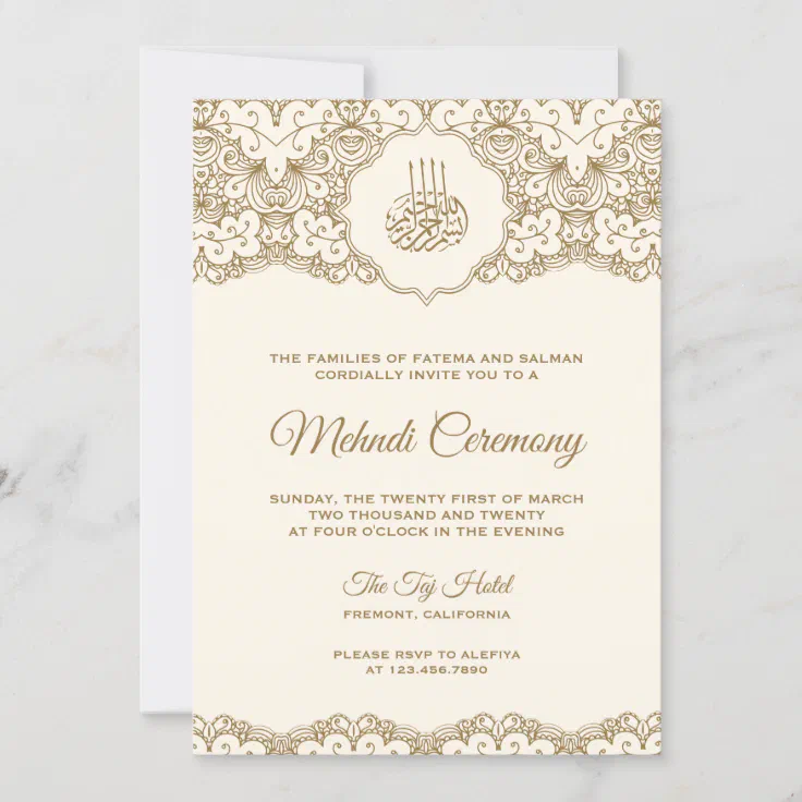 Cream and Gold Lace Islamic Mehndi Ceremony Invitation | Zazzle