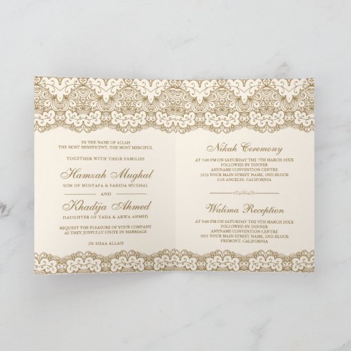 Cream and Gold Lace Islamic Muslim Wedding Invitation | Zazzle