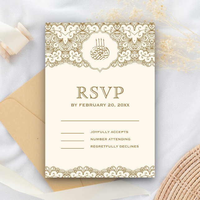 Cream and Gold Lace Islamic Muslim Wedding RSVP Card (Creator Uploaded)