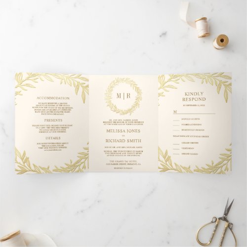 Cream and Gold Leaf Branch All in One Wedding Tri_Fold Invitation