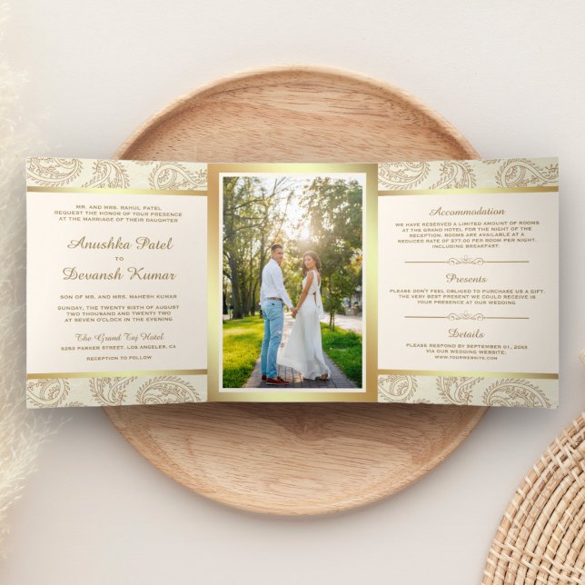 Cream and Gold Paisley Indian Style Wedding Photo Tri-Fold Invitation (Creator Uploaded)