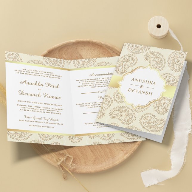 Cream and Gold Paisley Traditional Indian Wedding Invitation (Creator Uploaded)