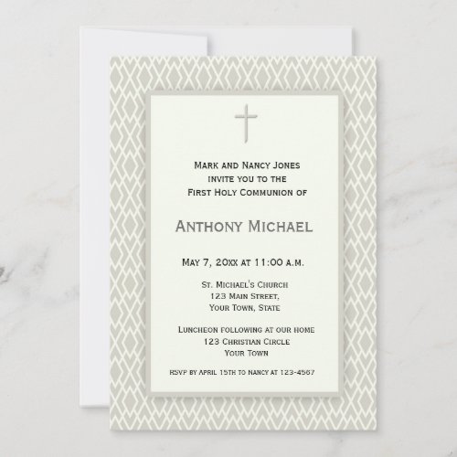 Cream and Gray Diamond Pattern First Communion Personalized Invitation