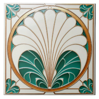 Cream and Green Art Deco Ceramic Tile. Tile