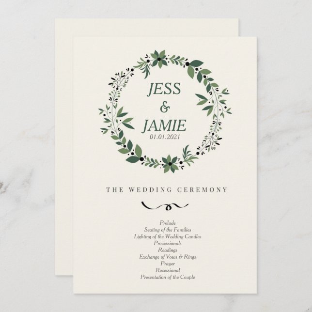 Cream and Green Wedding Program (Front/Back)