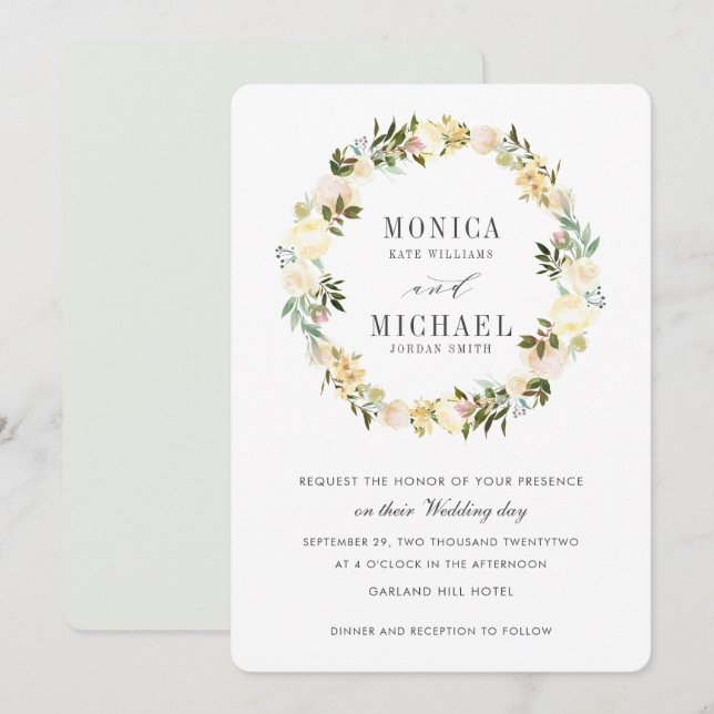 Cream and Grey | Botanical Floral Wreath Wedding Invitation (Front/Back)