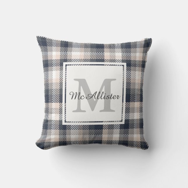 Cream and Heather Gray Plaid Family Name Throw Pillow (Front)