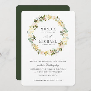 Cream and Hunter Botanical Floral Wreath Wedding Invitation