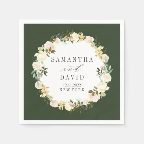 Cream and hunter Green Wedding floral personalized Napkins