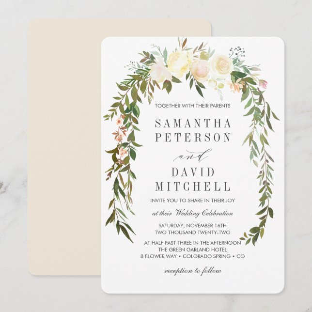 Cream and Ivory | Botanical Garland Floral Wedding Invitation (Front/Back)
