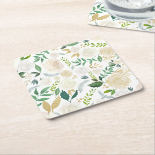 Cream and Ivory Floral Pattern with Glitter White Square Paper Coaster