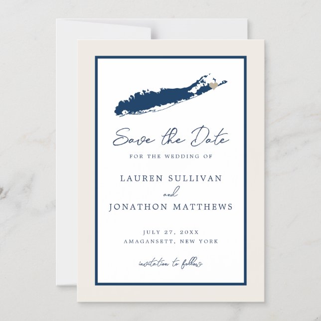 Cream and Navy Long Island NY Map Save the Date Ma Magnetic Invitation (Front)