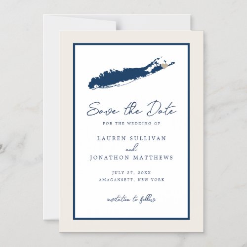 Cream and Navy Long Island NY Map Save the Date Magnetic Invitation