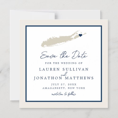 Cream and Navy Long Island NY Map Save the Date Magnetic Invitation
