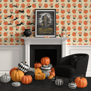 Cream and Orange Boho Pumpkin Floral Wallpaper