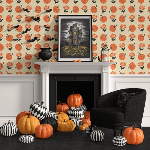 Cream And Orange Boho Pumpkin Floral Wallpaper