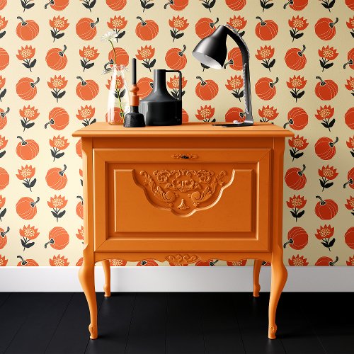 Cream and Orange Boho Pumpkin Floral Wallpaper