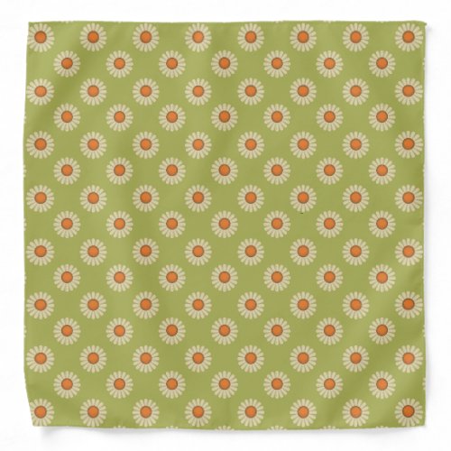 Cream and Orange Daisies on Avocado Green Pattern Bandana