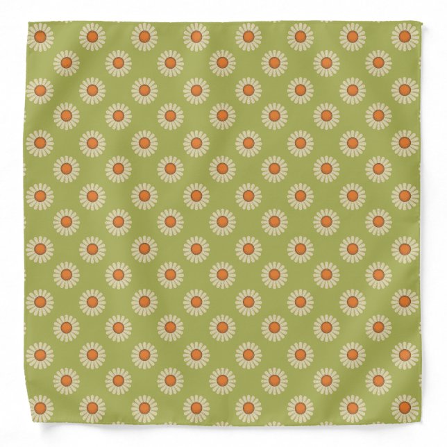 Cream and Orange Daisies on Avocado Green Pattern Bandana (Front)