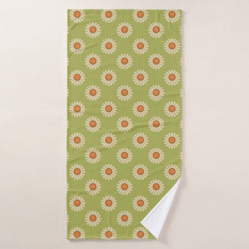 Cream and Orange Daisies on Avocado Green Pattern Bath Towel