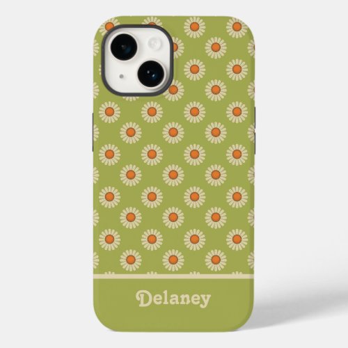 Cream and Orange Daisies on Avocado Green Pattern Case_Mate iPhone 14 Case