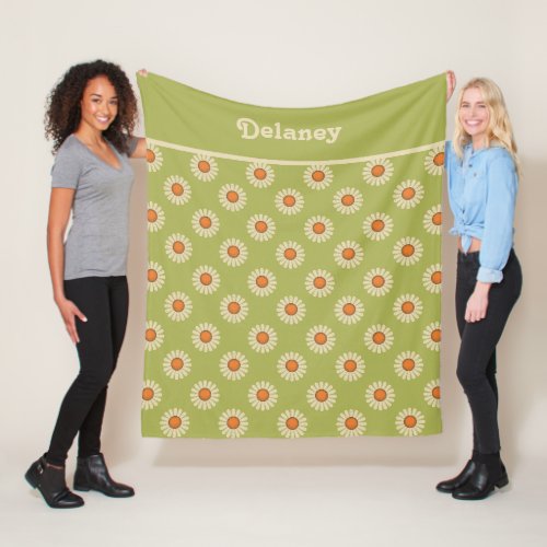 Cream and Orange Daisies on Avocado Green Pattern Fleece Blanket