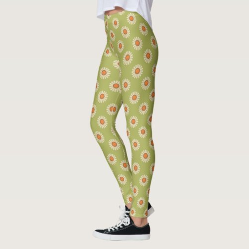 Cream and Orange Daisies on Avocado Green Pattern Leggings