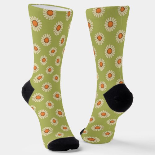 Cream and Orange Daisies on Avocado Green Pattern Socks