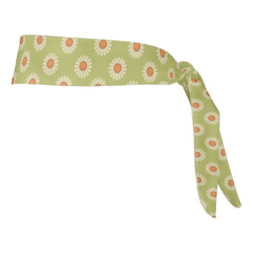Cream and Orange Daisies on Avocado Green Pattern Tie Headband