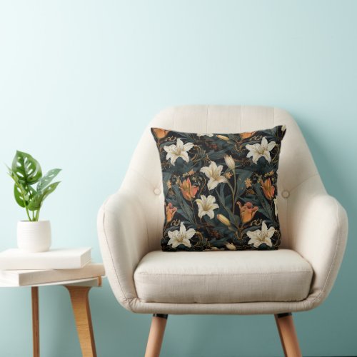 Cream and Orange Dayliies Floral Throw Pillow